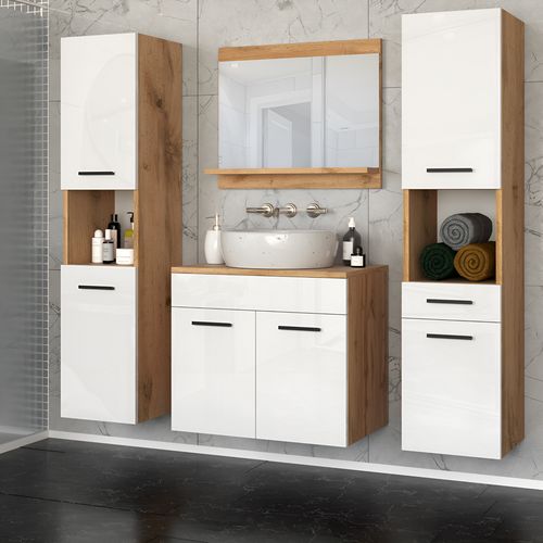 Zestaw Łazienkowy Szafka Wisząca Z Lustrem Pod Umywalkę Wotan Biały Połysk na Arena.pl