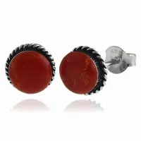 OKRĄGŁE OKSYDOWANE SREBRNE KOLCZYKI KÓŁKA 8MM WKRĘTKI CZERWONY KORAL SREBRO