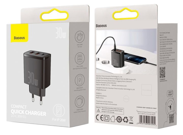 BASEUS SZYBKA ŁADOWARKA SIECIOWA DO TELEFONU 3X USB USB-C 30W PD QC 3.0 AFC zdjęcie 3