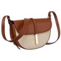 półokrągła beżowo - brązowa listonoszka damska ze skóry naturalnej