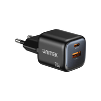 Unitek Ładowarka sieciowa 2-portowa GaN 20W, USB-C, USB-A, PD 3.0, czarna