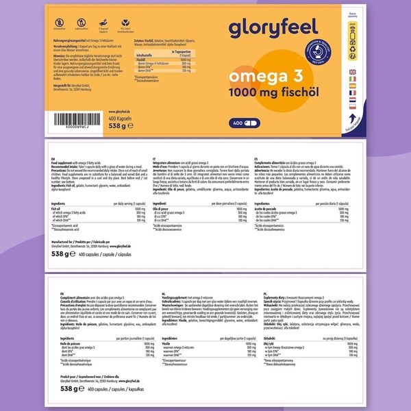 OMEGA 3 DHA EPA W WYSOKICH DAWKACH 1000mg na dawkę 400 kapsułek gloryfeel zdjęcie 5
