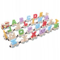 DREWNIANA MAGNETYCZNA KOLEJKA LOKOMOTYWA POCIĄG LITERY ALFABET DLA DZIECI