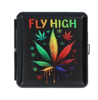 Metalowa Papierośnica z Nadrukiem Kolorowego Liścia Marihuany FLY HIGH