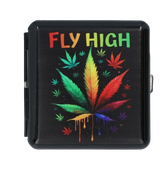 Metalowa Papierośnica z Nadrukiem Kolorowego Liścia Marihuany FLY HIGH