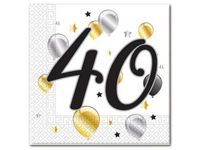 Serwetki, 40 urodziny, białe z balonikami (PS), 33 cm x 33 cm, 20 szt.