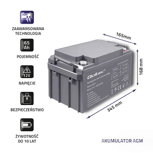 Qoltec Akumulator AGM  | 12V | 65Ah  | max 780A na Arena.pl