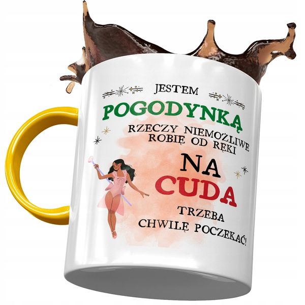 Kubek Żółty Dla Pogodynki Trzeba Chwilę Poczekać Z Nadrukiem Ze Zdjęciem zdjęcie 1