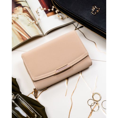 beżowy portfel damski ze skóry ekologicznej w orientacji poziomej na Arena.pl