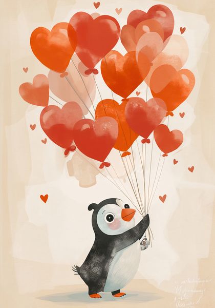 Plakat 70x100cm Pingwinek z Balonami zdjęcie 1