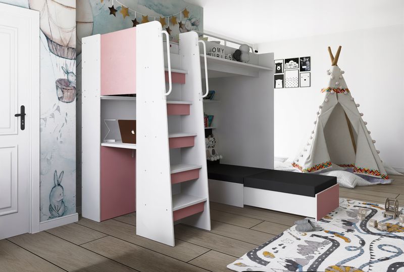 Łóżko piętrowe JSM7 z sofą i biurkiem biały mat + materac Cezar K1 zdjęcie 2