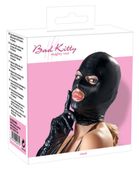 maska bdsm wet look bad kitty czarna z otwartymi oczami i ustami