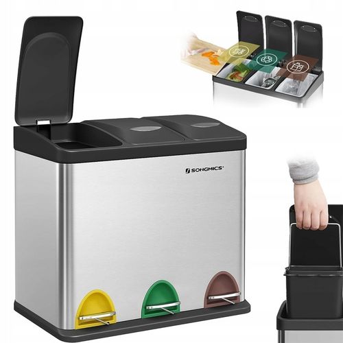 Kosz na śmieci odpady METALOWY 3 KOMORY do segregacji recykling 24l srebrny na Arena.pl