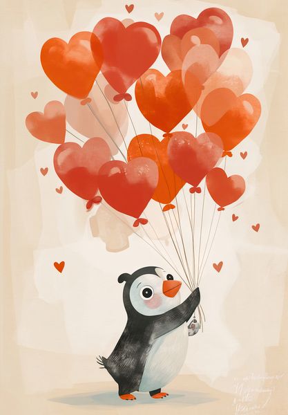 Plakat 68x98cm Pingwinek z Balonami zdjęcie 1