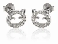 DELIKATNE RODOWANE SREBRNE KOLCZYKI WKRĘTKI GŁOWA KOTA KOTKA BIAŁE CYRKONIE