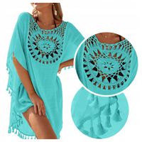 PAREO letnia sukienka plażowa NARZUTKA tunika BOHO turkus frędzelki KORONKA