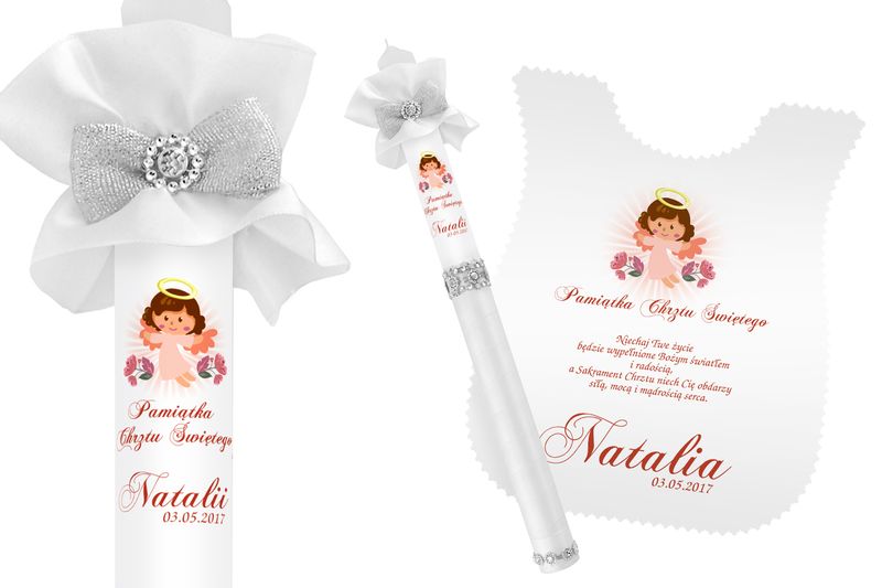 Szatka i świeca do CHRZTU biała IMIĘ DATA WZORY zdjęcie 2