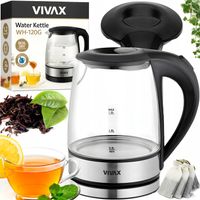 VIVAX CZAJNIK ELEKTRYCZNY STALOWY SZKLANY OBROTOWY 360 STOPNI 1630W 1,2 L