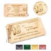 Drewniane personalizowane zaproszenie na 18 urodziny z kopertą