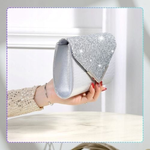 Srebrna Torebka Kopertówka Błyszcząca Wizytowa Damska portfel łańcuszek na Arena.pl