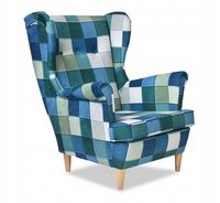 Fotel uszak ARI PRINT skandynawski  kratka turkus niebiesk