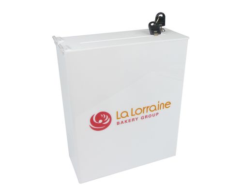 Urna skarbonka puszka z plexi mlecznej z nadrukiem UV 25x10x30cm na Arena.pl