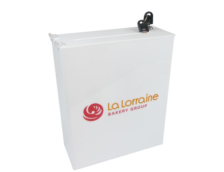 Urna skarbonka puszka z plexi mlecznej z nadrukiem UV 25x10x30cm zdjęcie 1