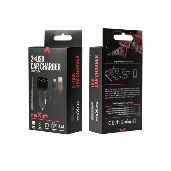 Ładowarka 2xUSB 2,4A czarna + kabel USB-C Maxlife MXCC-01 zdjęcie 1