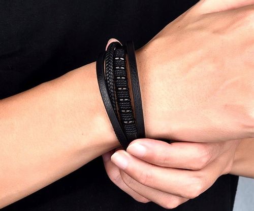 Bransoletka czarna punk warkocz męska stal skóra  B8_Czarny na Arena.pl