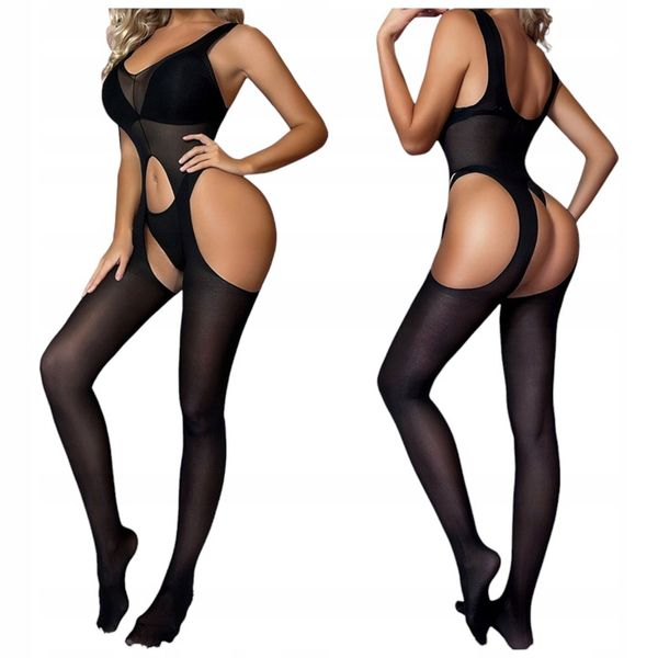 Bielizna Erotyczna Damska Czarna Uwodzicielska Bodystocking Otwarty Krok zdjęcie 1
