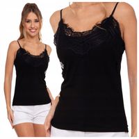 CZARNA KOSZULKA DAMSKA NA RAMIACZKACH TOP PRĄŻKOWANY Z KORONKĄ MORAJ R.S