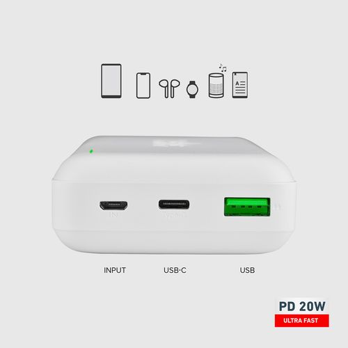 Powerbank 20000 mAh PD MicroUSB USB-C USB-A 20W - biały na Arena.pl