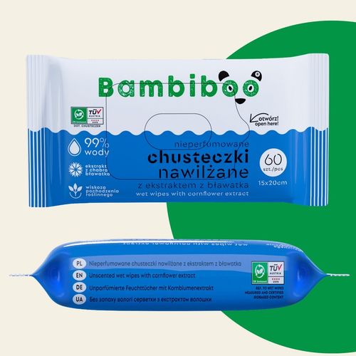Chusteczki nawilżane Bambiboo 4x60szt. z ekstraktem z bławatka 99% wody na Arena.pl