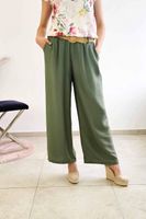 Zwiewne Spodnie z Szeroką Nogawką i Paskiem Oliwkowe UNI