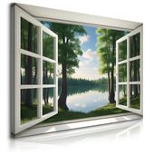 Obraz Canvas Do Salonu Sypialni Okno Las Jezioro Pejzaż Natura 90cm x 60cm