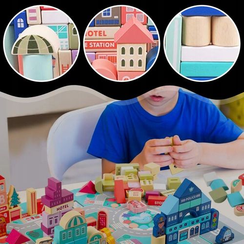 DREWNIANE KLOCKI ZESTAW DROGA MIASTO AUTA 115 ELEMENTÓW MATA PUZZLE na Arena.pl