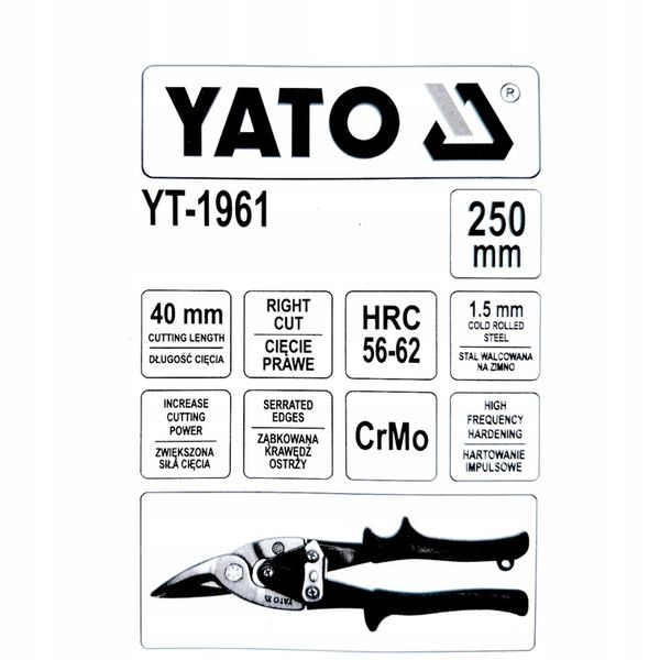 NOŻYCE DO BLACHY do cięcia PRAWE 250mm YATO zdjęcie 5