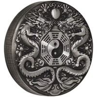 Tuvalu: Double Dragon kolorowany 2 uncje Srebra 2019 Antiqued Coin