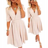 SUKIENKA BEŻOWA DAMSKA JASNA Z KOPERTOWYM DEKOLTEM ROZKLOSZOWANA MIDI