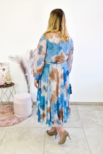 Kopertowa Sukienka Maxi z Długim Rękawem Niebiesko-Beżowo-Karmelowa UNI na Arena.pl