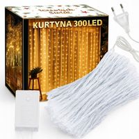 KURTYNA ŚWIETLNA 300LED 3x3m Mocne Grube Przewody - BIAŁE CIEPŁE -Na ŚWIĘTA