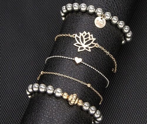 Zestaw 5 Bransoletek Srebrnych Złotych Liść Serce na Arena.pl