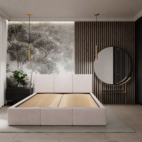 ŁÓŻKO TAPICEROWANE DO SYPIALNI 180x200 ŁÓŻKO PODWÓJNE Z POJEMNIKIEM KREMOWE na Arena.pl