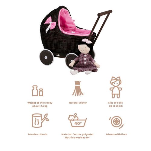 lili WIKLINOWY WÓZEK DLA LALEK Z różowym OBSZYCIEM 55X30 H45 CM na Arena.pl
