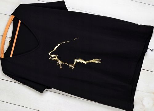 T-SHIRT OVERSIZE KOSZULKA BAWEŁNA ZŁOTA APLIKACJA KOTEK V dekolt L-XXXL T15 na Arena.pl