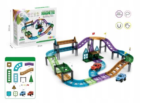 KLOCKI MAGNETYCZNE DLA DZIECI EDUKACYJNE PANELE KOLEJKA TOR + 2 AUTKA 59 EL na Arena.pl
