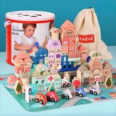 Drewniane Klocki Miasto Dla Dzieci 3+ Puzzle Mata Podłogowa + Sorter Kształ