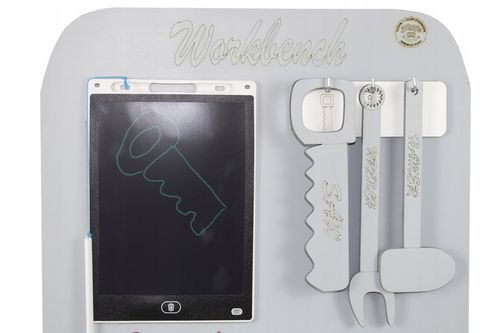 KOLOR Drewniany warsztat majsterkowicz tablet kłódka imadło schowek piła PL na Arena.pl