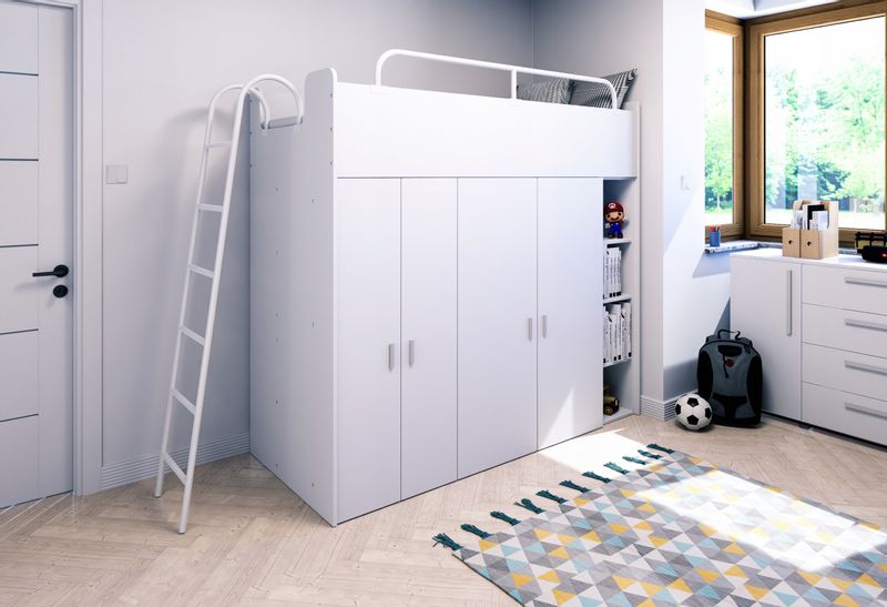 Łóżko piętrowe JSM2 z drabinką i 2 szafami biały mat zdjęcie 3