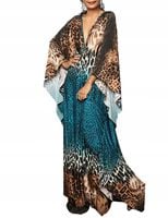 Bsubseach Plus Size Letnia Sukienka Maxi Kaftan Niebieski Lampart Kawowy